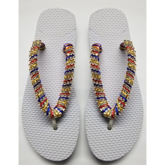 Luxury flip flops with crystals and rhinestones. white and tricolor - Picture 11 of 17